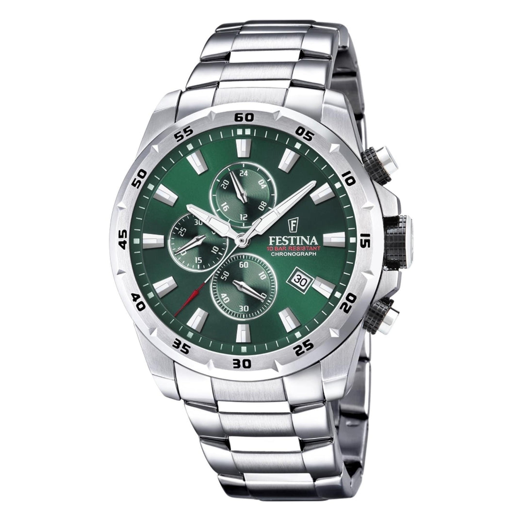 Festina F20463/3 Men's Chronograph Green Dial Silver Tone Bracelet Wristwatch - H S Johnson (7505130750178)